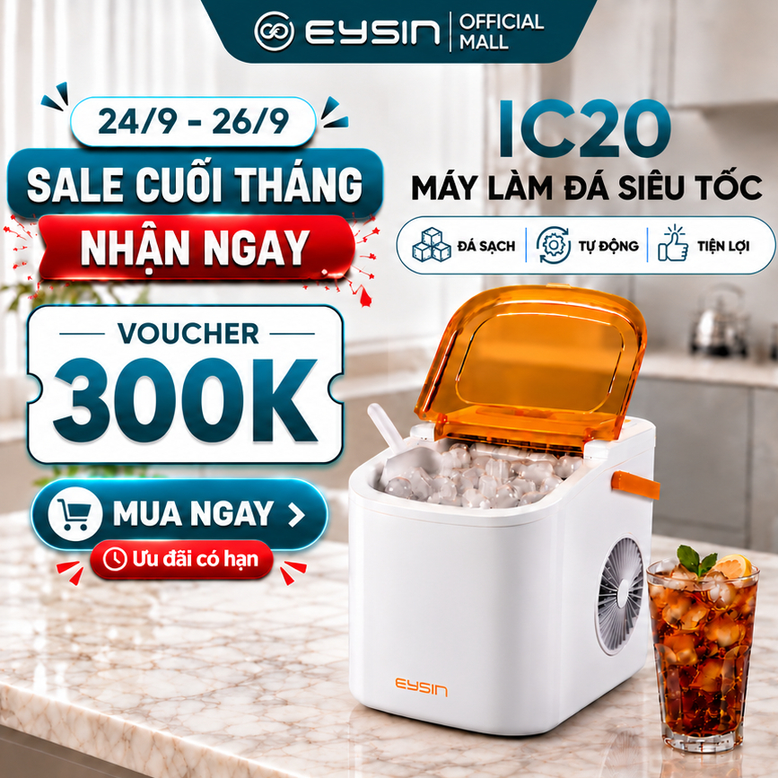 [K] Máy làm đá viên EYSIN IC20, Có quai xách, Nhỏ gọn, Tiết kiệm điện, 9 viên trong 6 phút