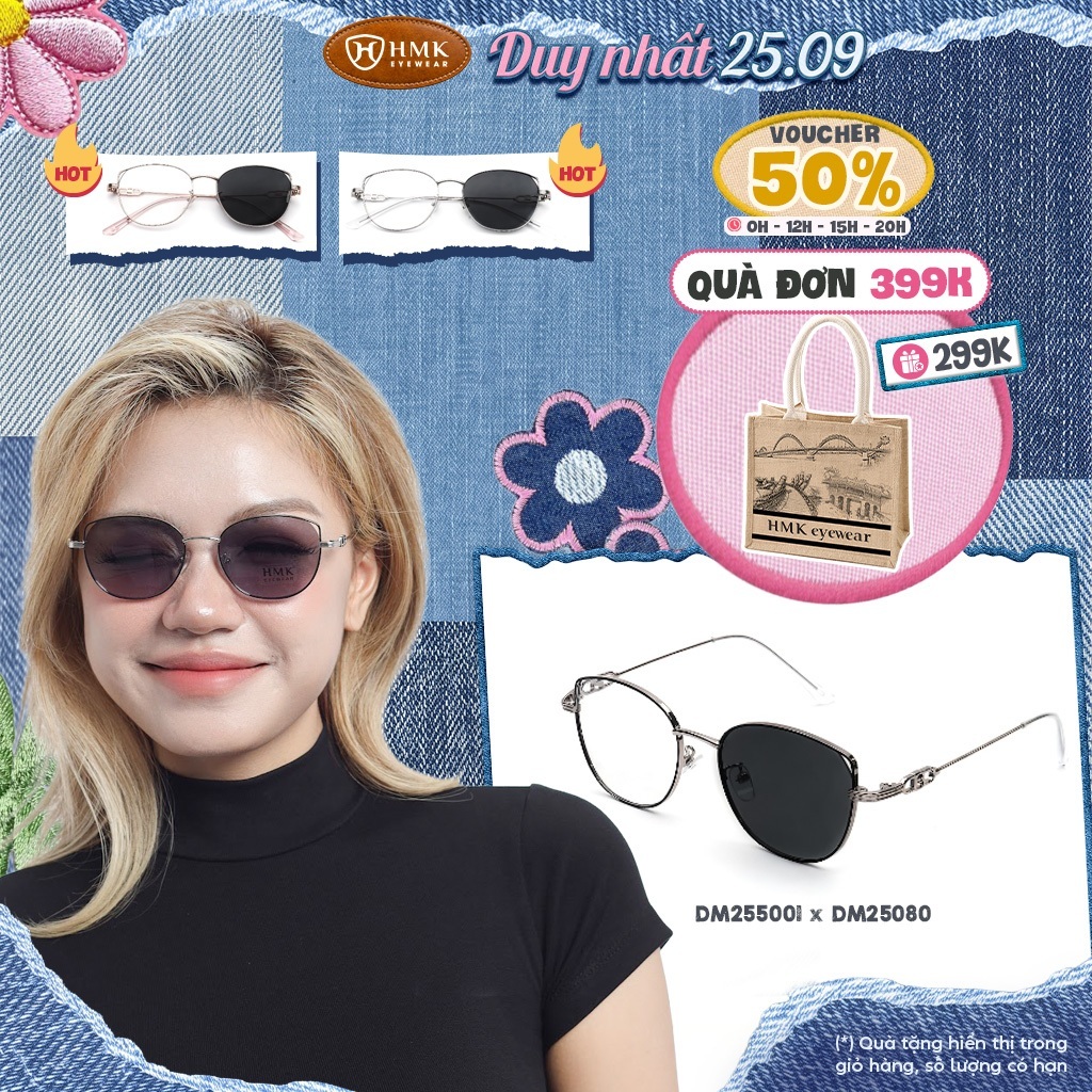 Kính Đổi Màu Chống UV HMK Eyewear Dáng Mắt Mèo Kim Loại Thời Trang Mỏng Nhẹ - DM255001xDM25080