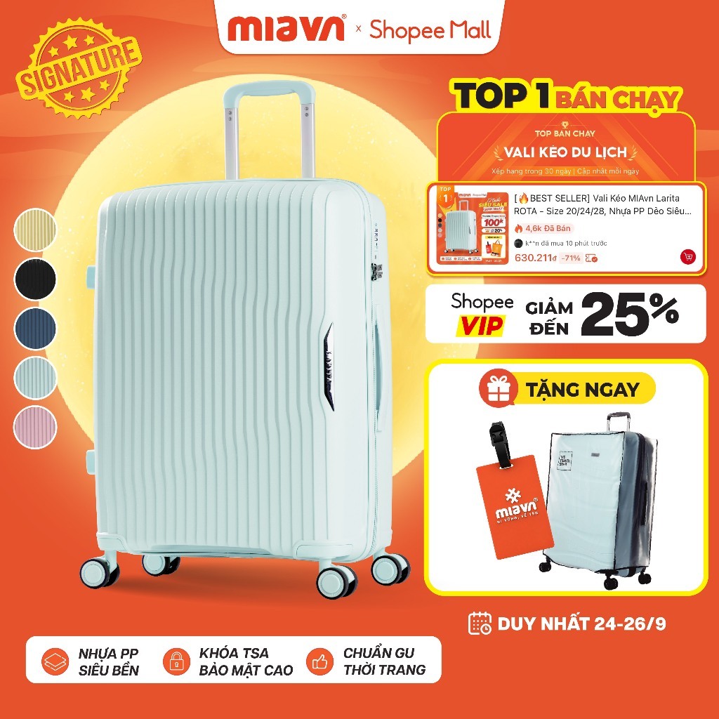 [🔥BEST SELLER] Vali Kéo MIAvn Larita ROTA - Size 20/24/28, Nhựa PP Dẻo Siêu Bền, Hạn Chế Bể, Khoá TSA, Bảo Hành Trọn Đời