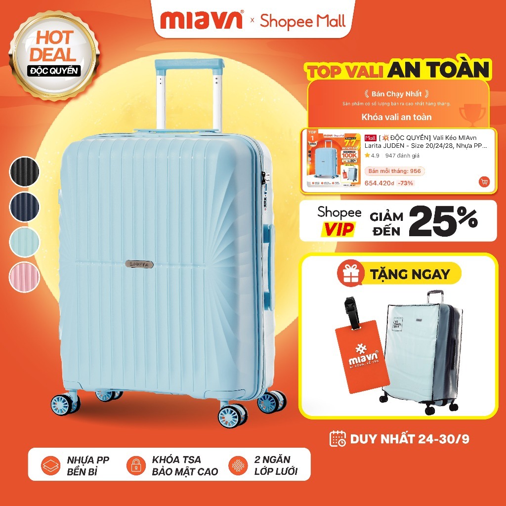 [💥ĐỘC QUYỀN] Vali Kéo MIAvn Larita JUDEN - Size 20/24/28, Nhựa PP Siêu Bền, Hạn Chế Va Đập, Khoá TSA, Bảo Hành Trọn Đời