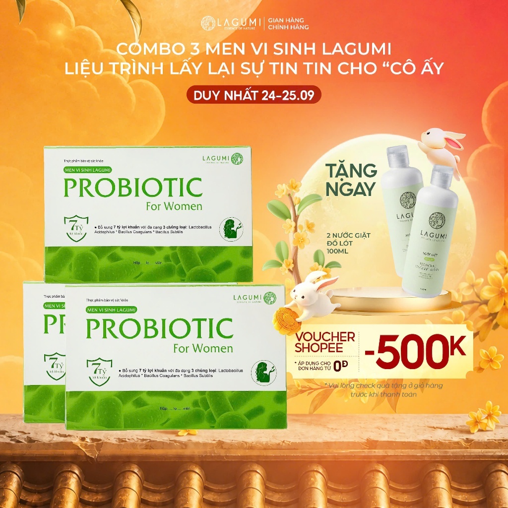 Dùng 1 tháng - Combo 3 Hộp Men Vi Sinh Phụ Nữ LAGUMI Giúp Giảm Viêm Nhiễm, Khí Hư, Nấm Ngứa, Mùi Hôi Cô Bé