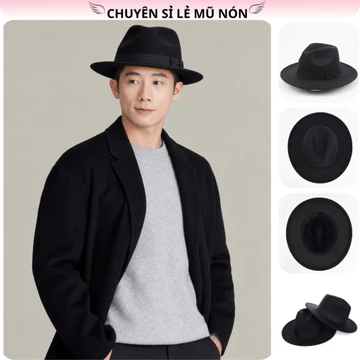 Mũ Phớt Vành Rộng Nam Cao Cấp, Chất NỈ Dạ Đai Vải Đen, Nón fedora rộng vành Form Dáng Cứng Cáp, Tôn Vẻ Lịch Lãm