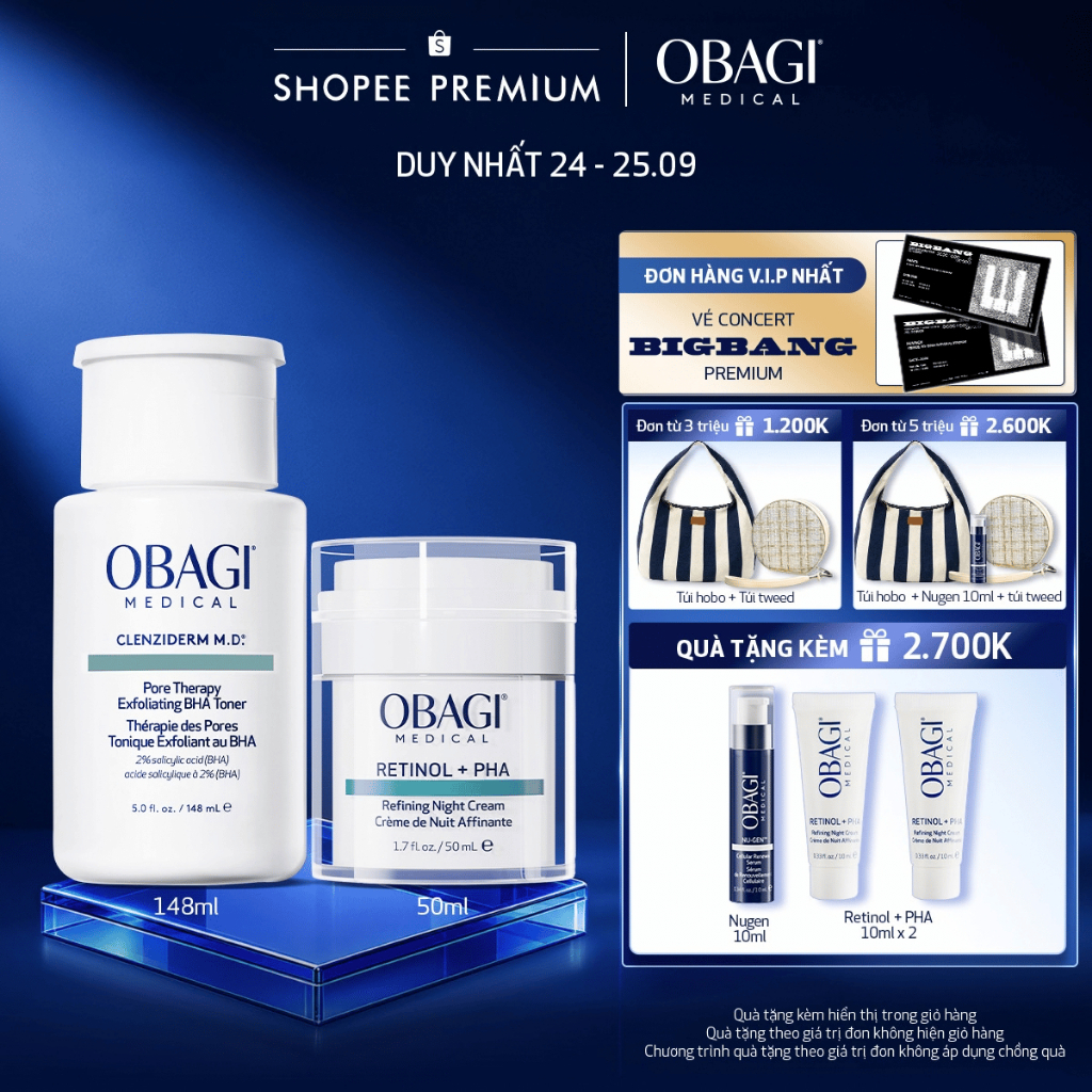 [Voucher SVIP 18%] Bộ đôi Kem Dưỡng Đêm Obagi Retinol + PHA 50ml và Toner Obagi Clenziderm M.D. Exfoliating 2% BHA 148ml