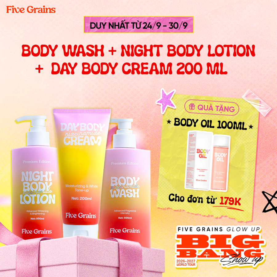 Bộ 3 Bước Dưỡng Body Five Grains Ngày và Đêm Sữa Tắm 500ml Kem Ngày 200ml Nâng Tone Kem Đêm 500ml Dưỡng Ẩm