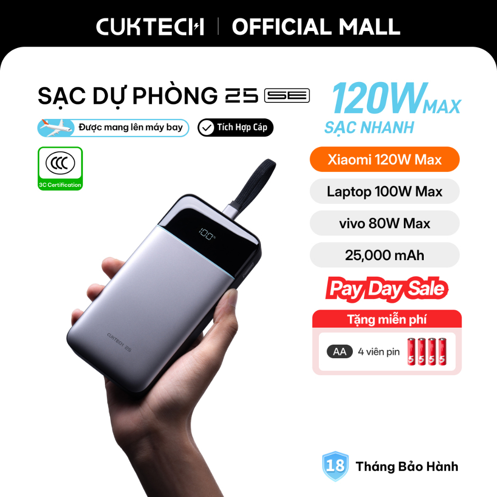 CUKTECH 120W 25000mAh Sạc Nhanh Công Suất Cao Pin Dự Phòng – Hỗ Trợ Xiaomi 120W Laptop 100W Samsung 45W iP18/17/16