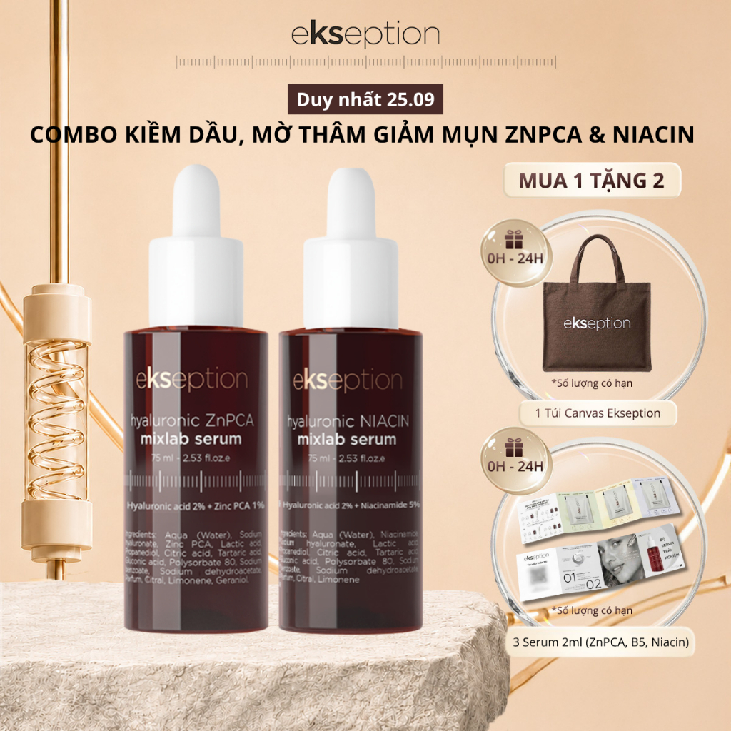 Combo Kiềm Dầu Mờ Thâm Giảm Mụn Ekseption Serum Kẽm Hyaluronic ZnPCA Mixlab HA+ 1% 75ml Và Hyaluronic Niacin Mixlab 75ml