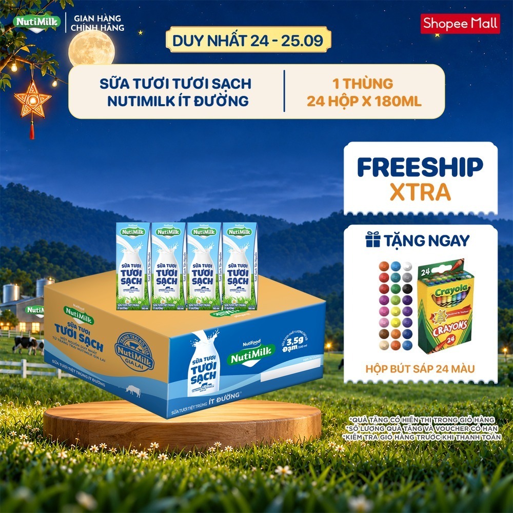 Thùng 24 Hộp Sữa Tươi Tươi Sạch NutiMilk Ít Đường Hộp 180ml