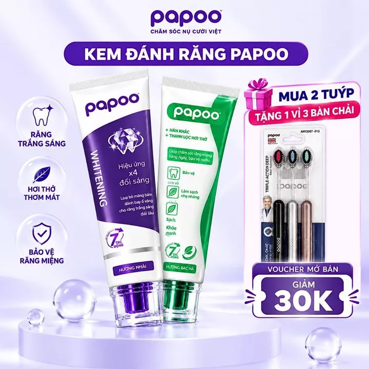 【MUA 2 TẶNG 3 BÀN CHẢI】Kem Đánh Răng PAPOO 120g Hoa Nhài & Bạc Hà – Chính Hãng – Làm Sạch, Thơm Mát, Trắng Sáng