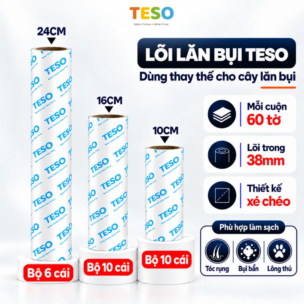 BỘ 6, BỘ 10 Lõi Thay Cây Lăn Bụi 10cm - 16cm - 24cm, Lõi Lăn Bụi TESO Làm Sạch Quần Áo, Lông Chó Mèo