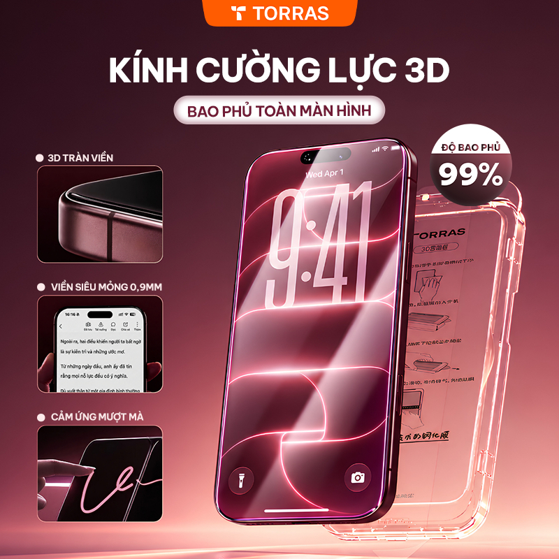 TORRAS Kính Cường Lực iPhone 15/16/17/18 3D Full Màn Hình, Viền Đen, Siêu Mỏng, Tự Dán Dễ Dàng