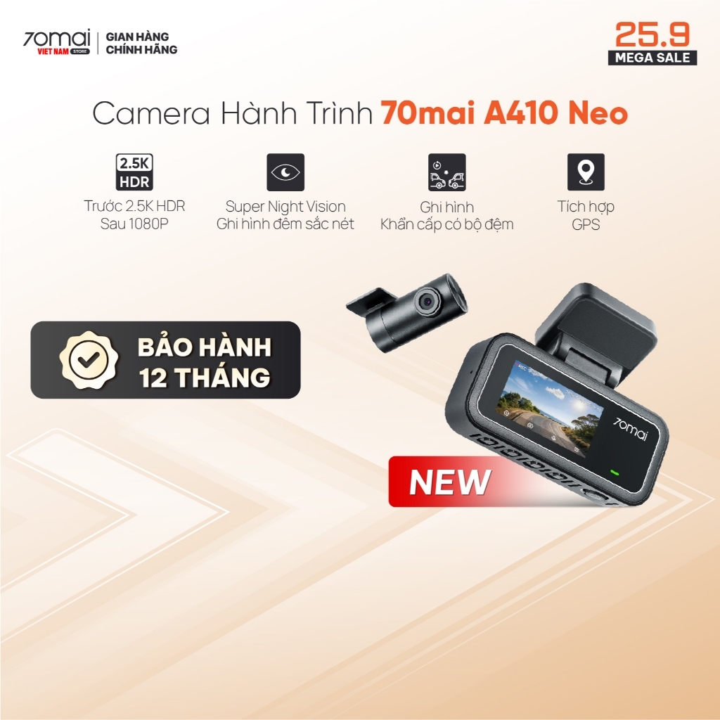 Camera hành trình 70mai A410 NEO 2.5K HDR ghi hình 2 mắt trước sau sắc nét, giám sát đỗ xe 24h