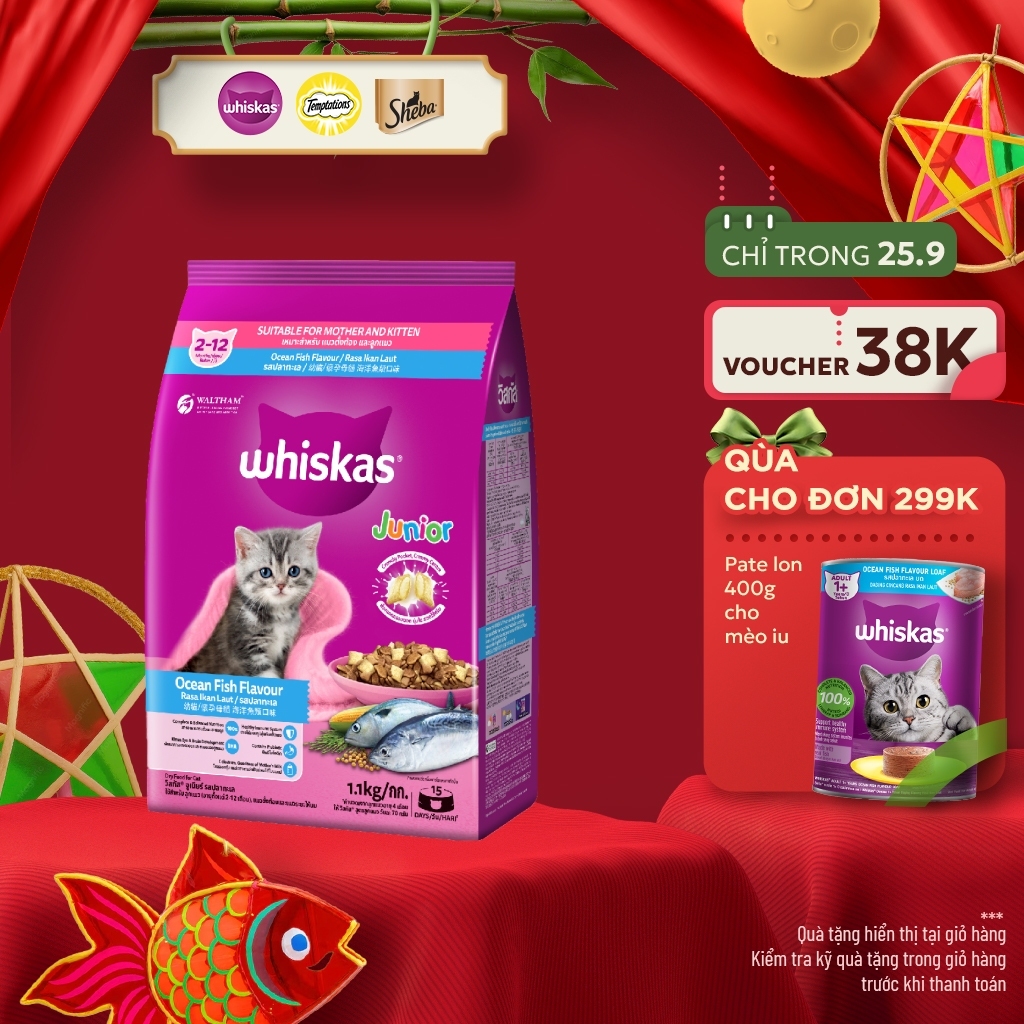 Thức ăn cho mèo con WHISKAS dạng hạt 1.1 kg.