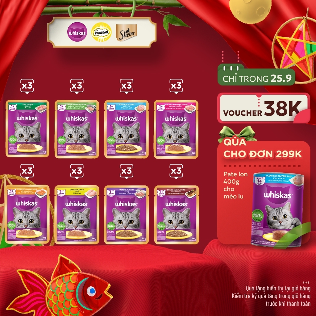 Thức Ăn Dạng Sốt Cho Mèo Trưởng Thành WHISKAS Mix 8 Vị - 80g (24 Túi)