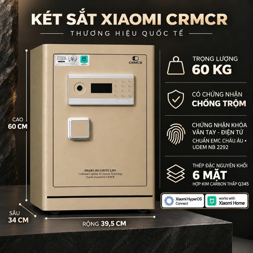 Két sắt Xiaomi CRMCR 55LE Thép đặc nguyên khối - Khóa vân tay điện tử định danh người dùng cảnh trộm báo điện thoại