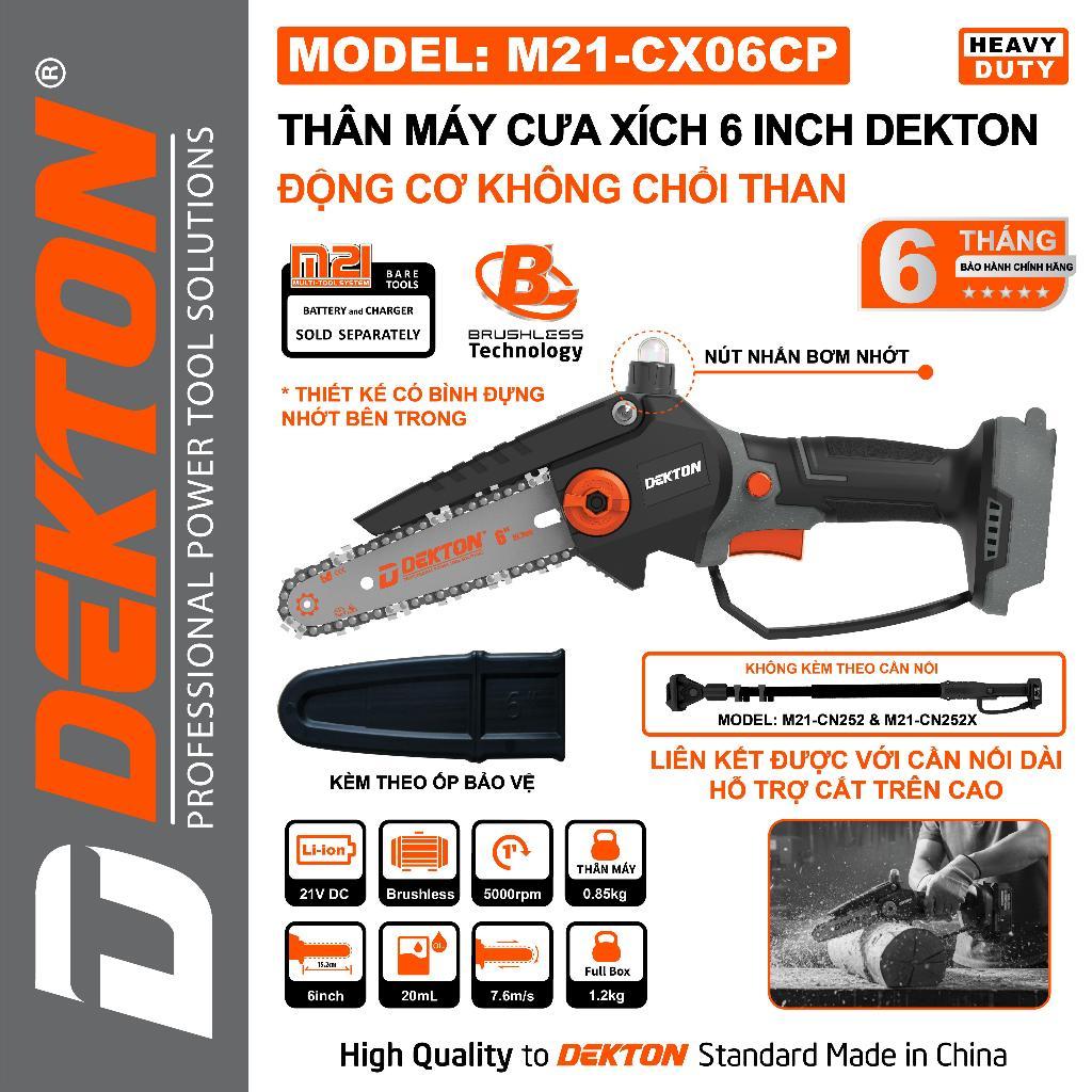 Máy cưa xích pin DEKTON M21-CX06CP và M21-CX06XCP, Không chổi than, 5000 v/p, Bình nhớt 20ml