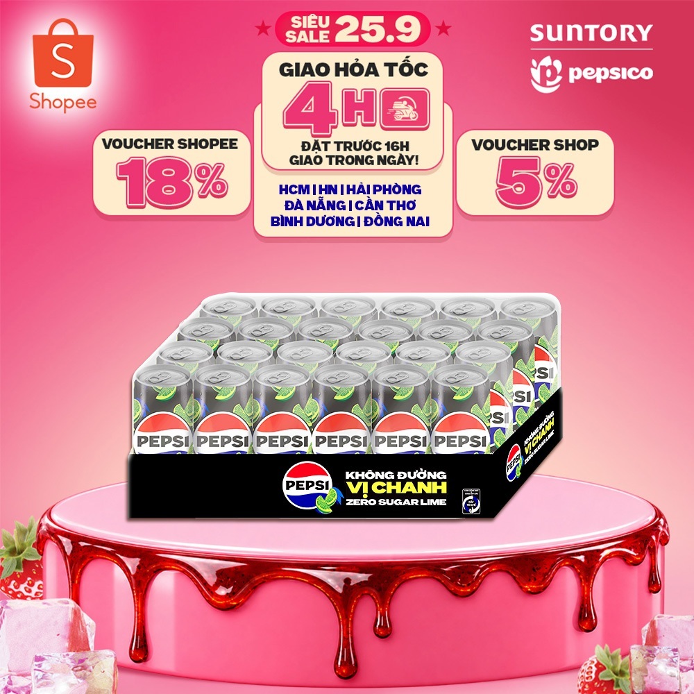 Thùng 24 Lon Nước Uống Có Gaz Pepsi Vị Chanh Không Calo, Không Đường (320ml/lon)
