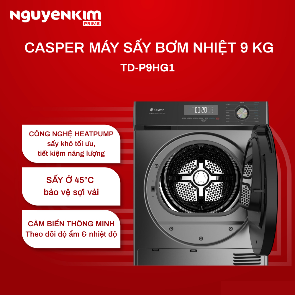 [Phí Lắp đặt 0Đ HN HCM] Máy sấy quần áo bơm nhiệt Casper 9 kg TD-P9HG1