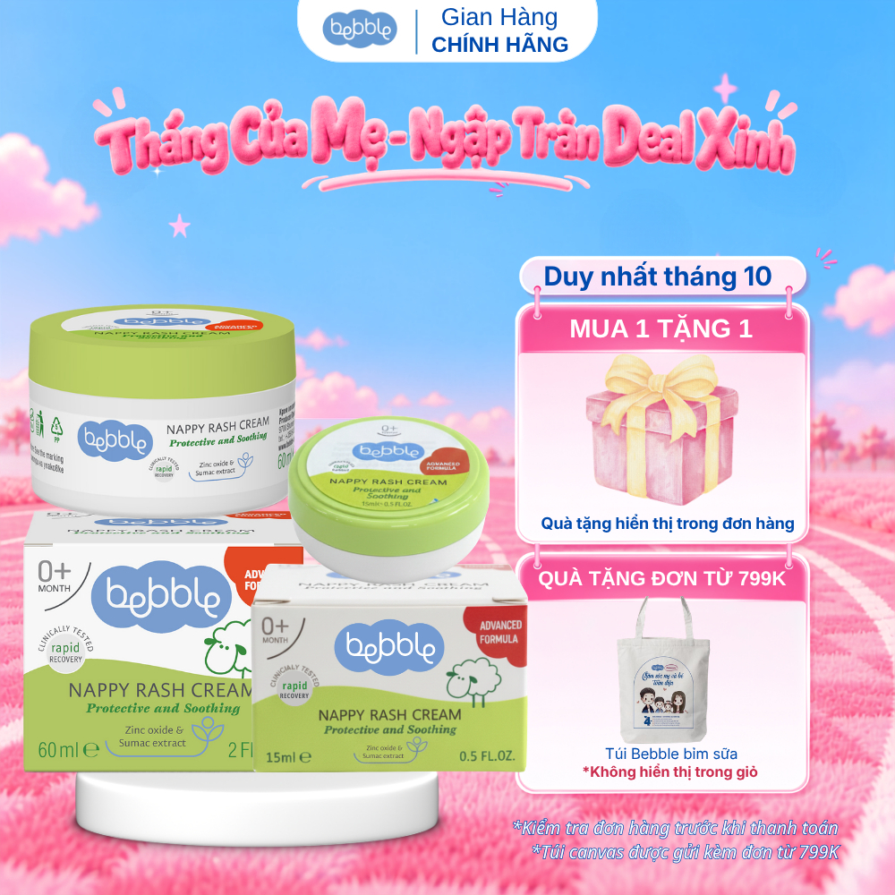 Kem hăm tã Bebble Nappy Rash Cream có 2 size, dịu da tức thì, làm dịu vết côn trùng đốt, dùng cho bé từ 0 tháng tuổi