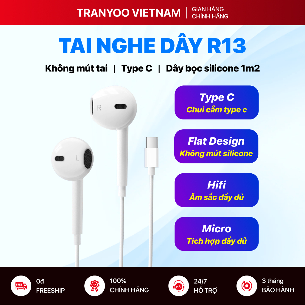 Tai Nghe Có Dây TRANYOO T-R13 Thiết Kế Nhét Tai Đầu Type C Dành Cho Gaming, Học Online, Nghe Nhạc