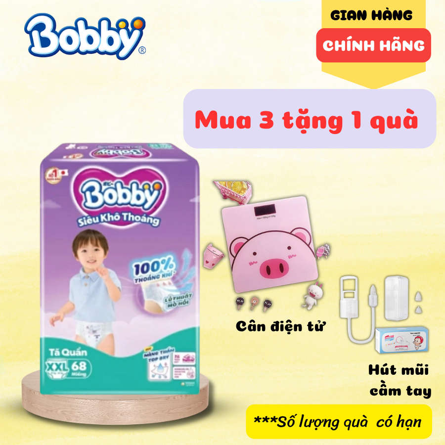 [TẶNG Cân điện tử] Combo 3 Bịch Tã quần/ Tã Dán Bobby siêu khô thoáng cho bé từ 6-30kg