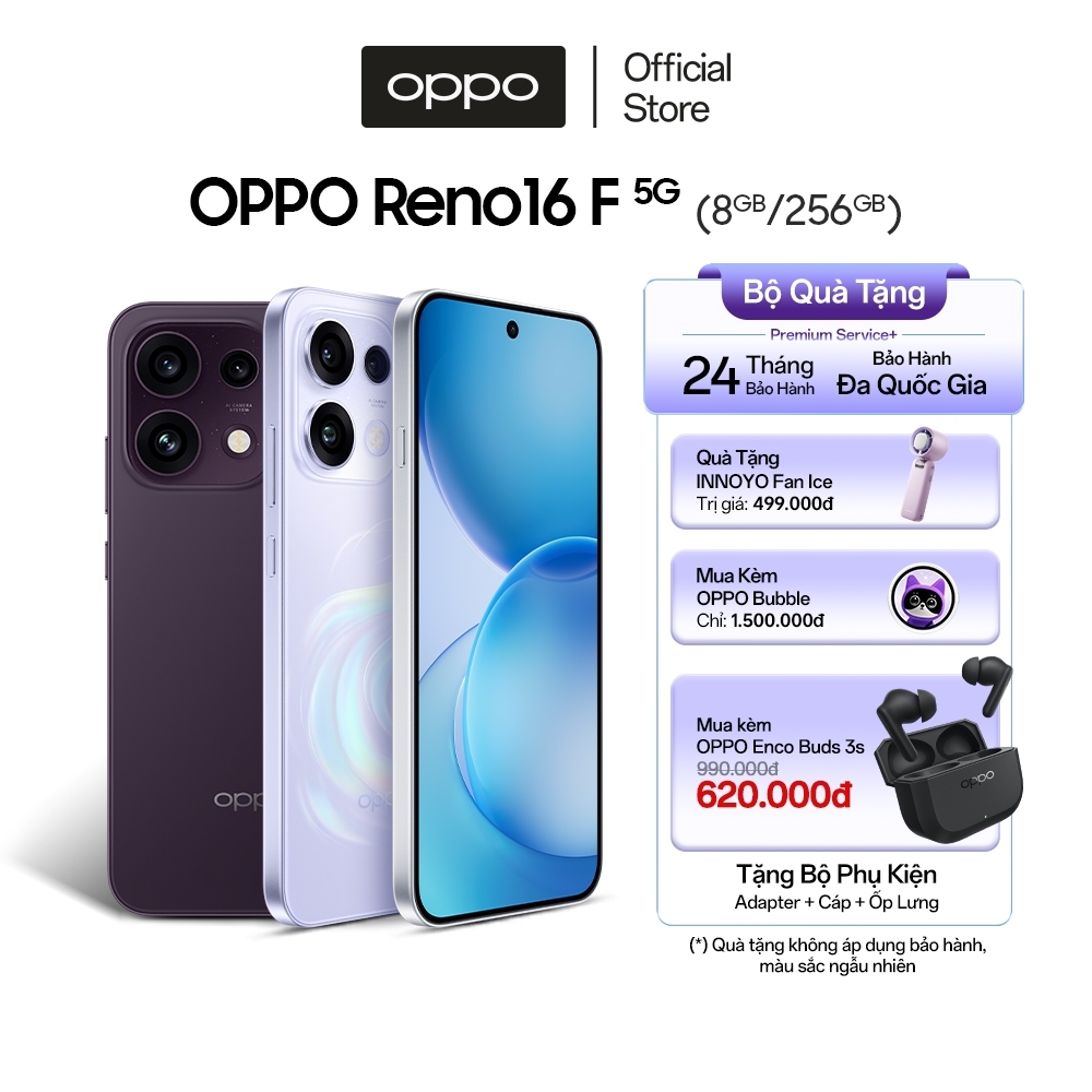 Điện thoại OPPO Reno16F 5G 8GB/256GB, siêu pin 7000mAh, camera tele, sạc nhanh 80W - Hàng chính hãng