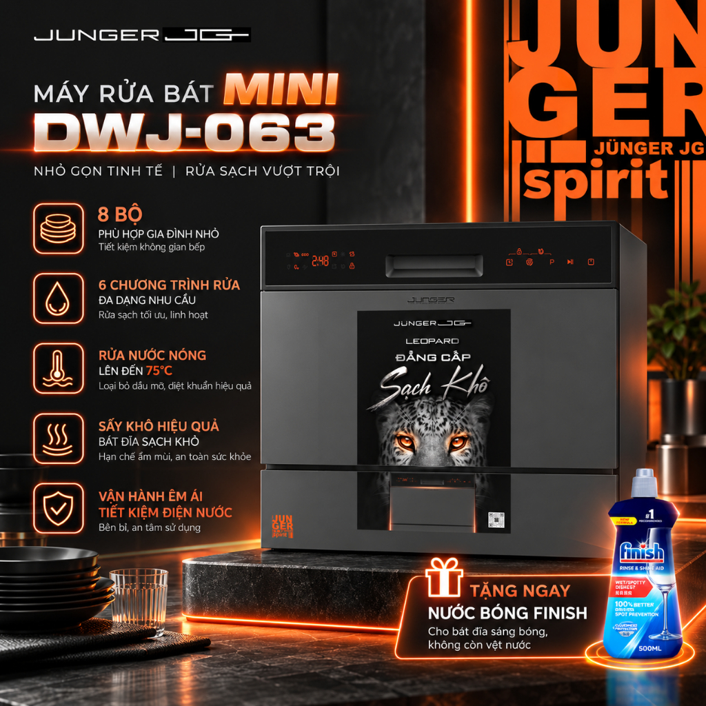 Máy Rửa Chén Mini Junger Leopard DWJ-063 Pro 8 Bộ Máy Rửa Bát Sấy Khô Khép Kín Công Suất Mạnh Mẽ Bảo Hành 5 NĂM