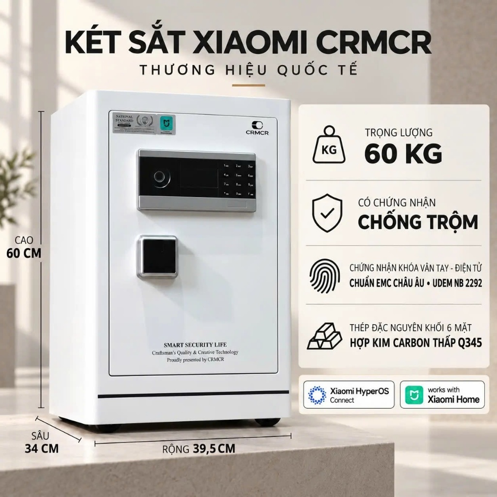 Két sắt thông minh Xiaomi CRMCR 48LE 58LE 78LE khóa vân tay điện tử định danh người mở, cảnh báo điện thoại 8 tính năng