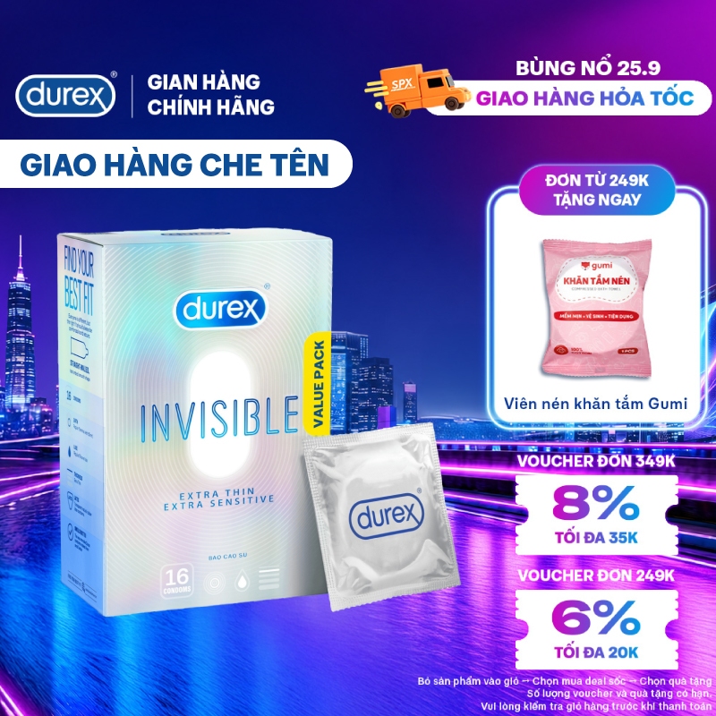 Bao Cao Su Durex Invisible Siêu Mỏng, Size 52 mm, Hộp 16 Bao Mới Ra Mắt - Hộp Lớn Siêu Tiết Kiệm