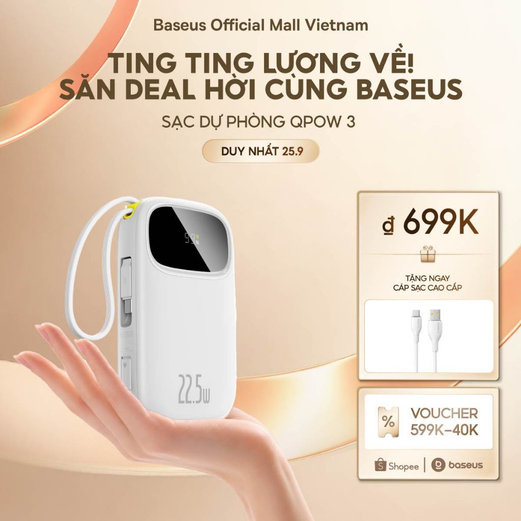 [CCC-MỚI VỀ] Sạc dự phòng Baseus Qpow3 20000mAh/10000mAh PD22.5W Màn Số LED Cáp Kép Sạc Nhanh 2 Thiết Bị