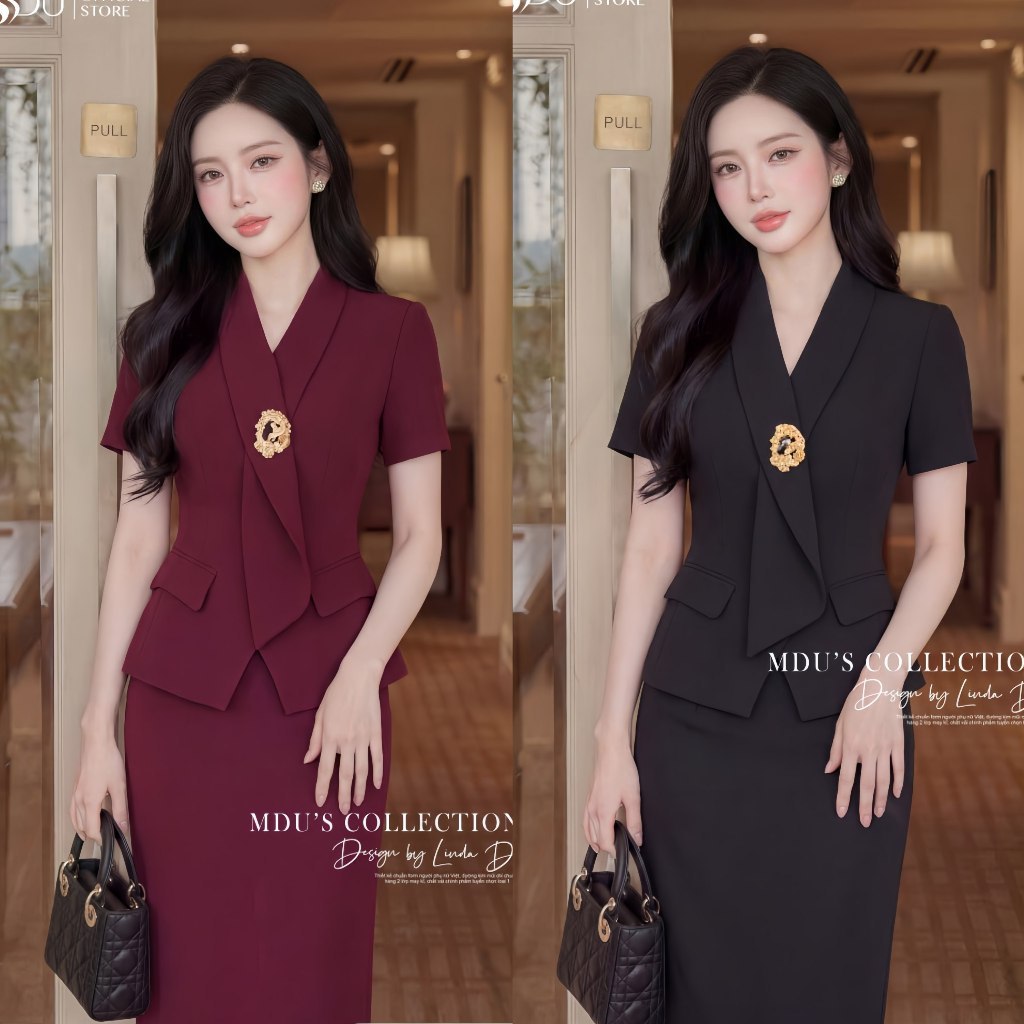 Váy Thiết Kế ADELA DESIGN Gold Nhật Set Vest Chân Váy Bút Chì Xẻ Tà Thanh Lịch BST MDU6690