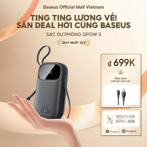 【Chứng chỉ 3C】Baseus Qpow3 Pin Dự Phòng 20000mAh/10000mAh PD22.5W Màn Số LED Cáp Kép Sạc Nhanh 2 Thiết Bị Nhỏ Gọn Bỏ Túi