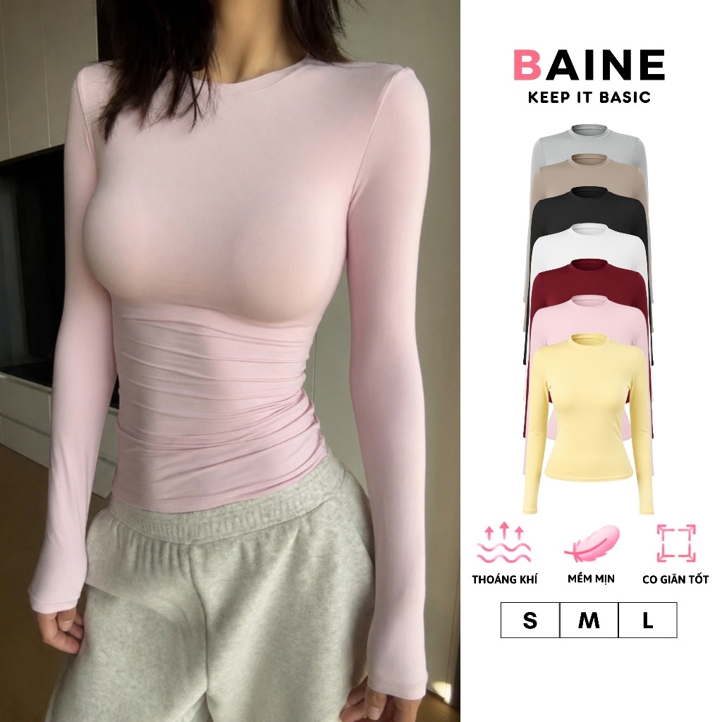 [MÀU MỚI] Áo Thun Nữ Tay Dài Cổ Tròn Ôm Body Chất Borip Lụa Co Giãn 4 Chiều Mềm Mịn BAINE - DD116 | BigBuy360 - bigbuy360.vn