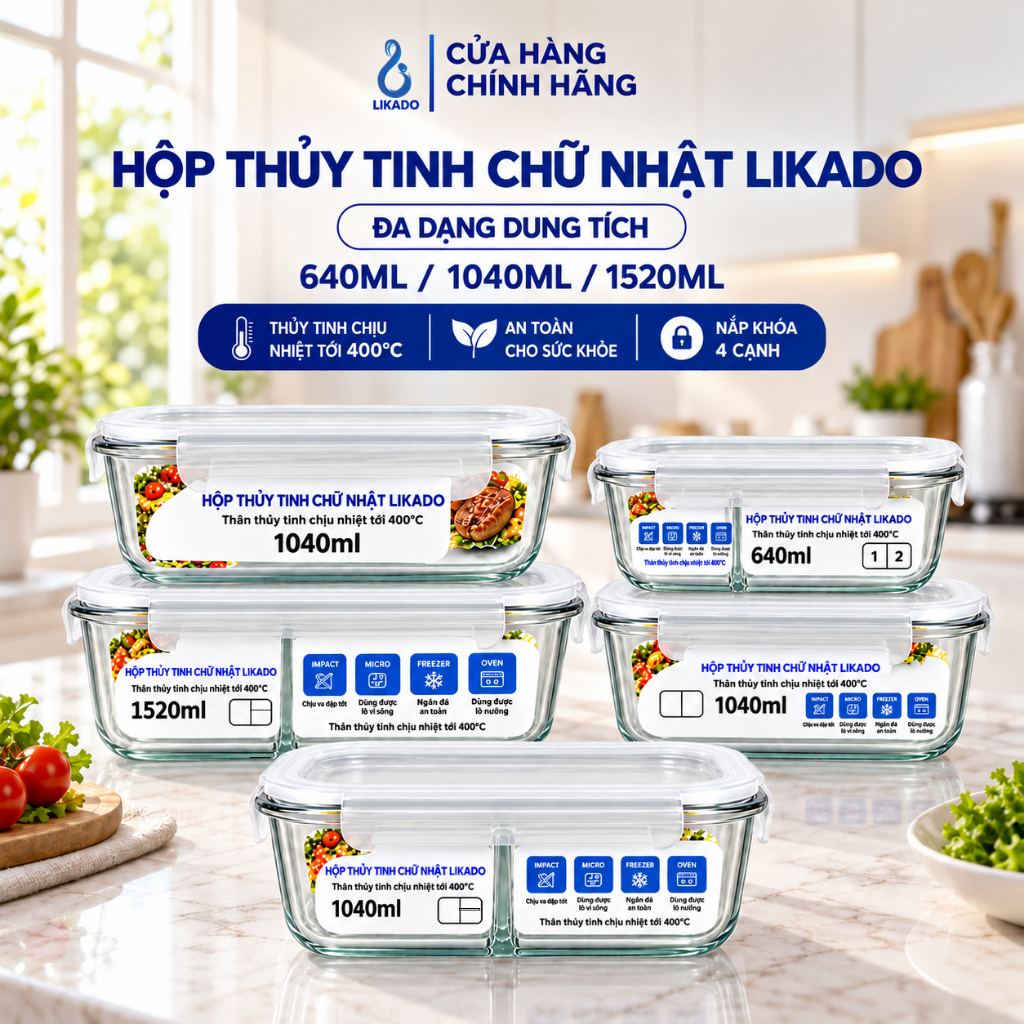 Hộp thủy tinh chữ nhật Likado chịu nhiệt, nắp đậy kín, dùng được trong lò vi sóng
