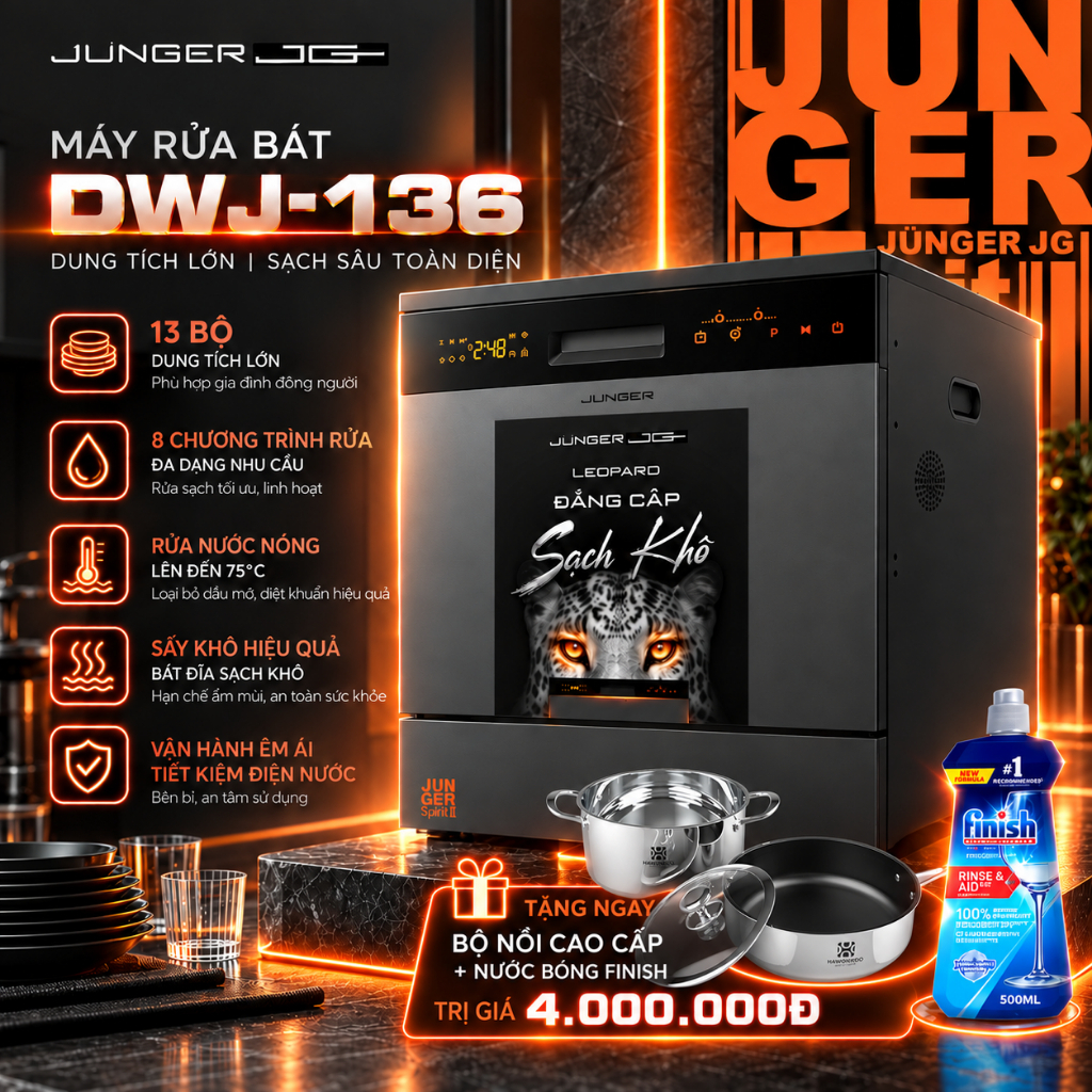 [QUÀ KHỦNG 5Tr+LẮP 0Đ] Máy Rửa Chén Bát Junger JG Leopard DWJ-136-VG 13 bộ, Sấy Độc Lập, 8 Chức Năng, Sạch Khô Tuyệt Đối