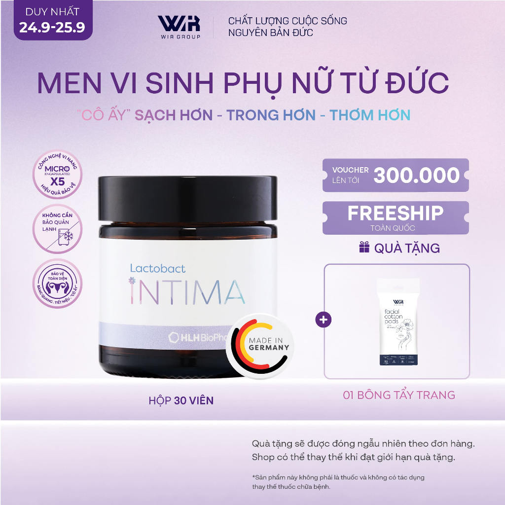 Men vi sinh phụ khoa Lactobact Intima bổ sung lợi khuẩn, Cranberry, D-Mannose từ Đức hộp 30 viên | Wir Group