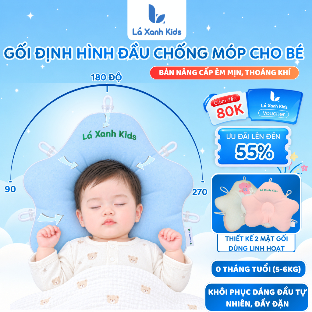 (NEW) Gối Định Hình Đầu Cho Bé Chống Bẹp Đầu LAXANH KIDS, Gối Trẻ Em 2 Mặt Mềm Mại Thoáng Khí Lá Xanh Kids