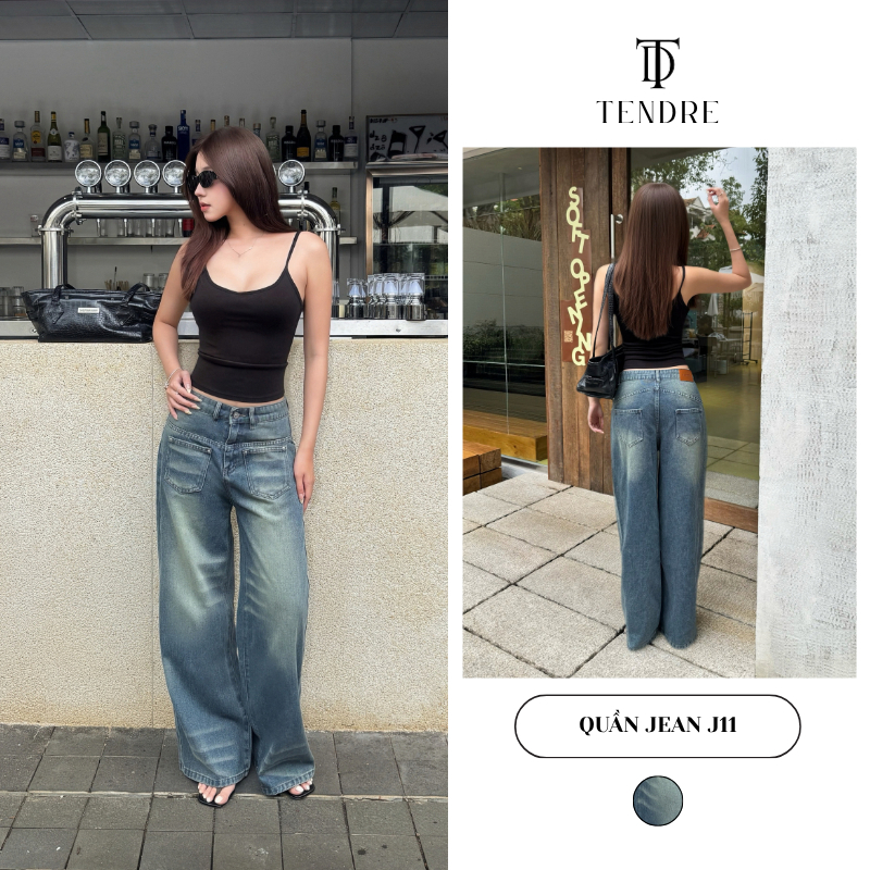 TENDRE - Quần Jean Nữ Ống Suông Rộng Cạp Cao Túi Trước , Quần Bò Ống Rộng Wash Màu Unisex Style Y2K J11