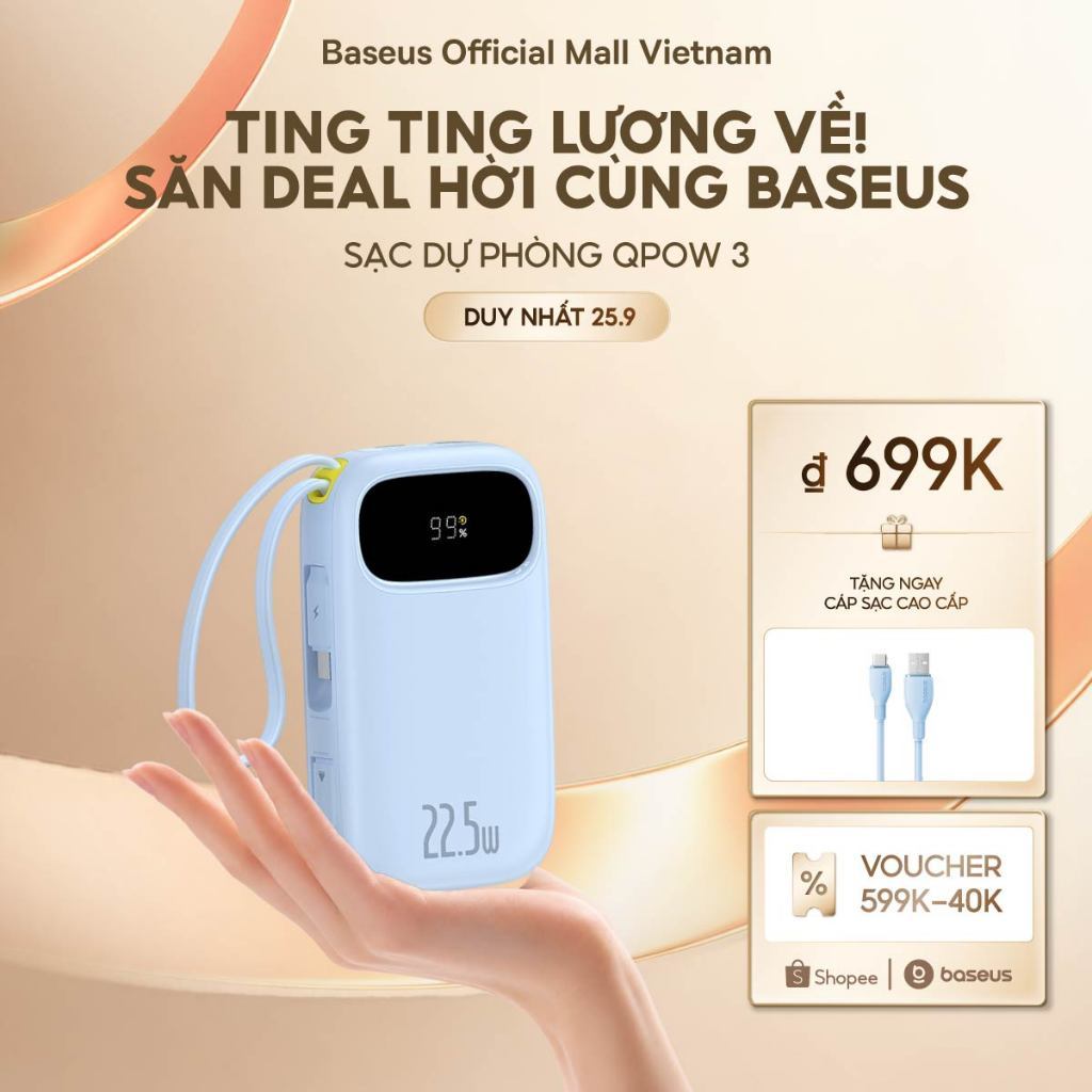 [NEW-CHUẨN CHỨNG NHẬN CCC] Sạc Dự Phòng Baseus EnerFill FC31 Qpow3 10000mAh/20000mAh 22.5W – Sạc Nhanh 4 Cổng Kèm 2 Cáp