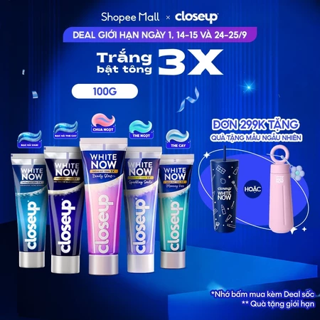 Kem đánh răng Closeup White Now - Trắng Bật Tông 3X TỨC THÌ với Công nghệ Ánh Sáng Xanh 100g