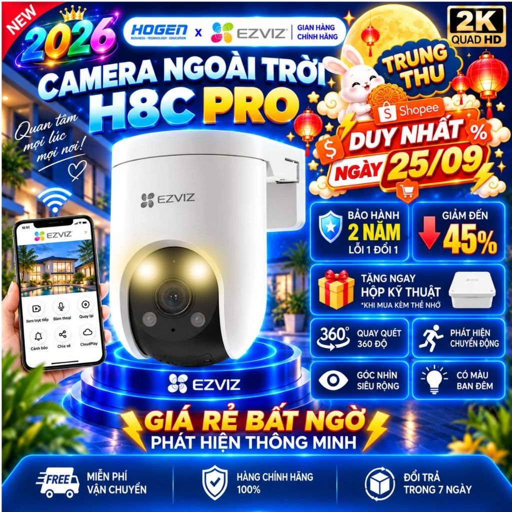 [CHÍNH HÃNG] Camera Wifi Ngoài Trời EZVIZ H8c Pro 2K 3MP–Xoay 360°, AI Phát Hiện Người,Nhìn Đêm 30m