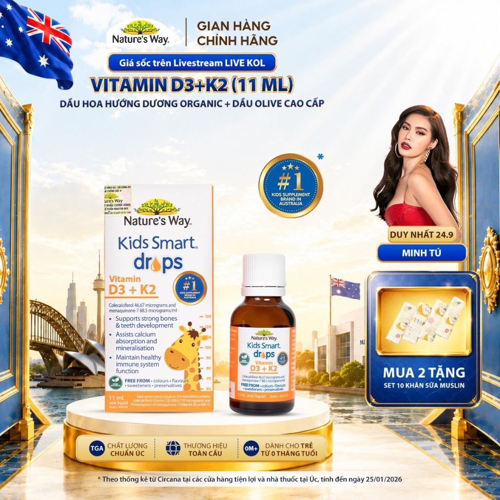 Vitamin D3K2 Nature's Way, Với Dầu Hoa Hướng Dương Organic, Giúp Bổ sung Vitamin D3, K2-MK7 Cho Trẻ Sơ Sinh Hộp 11ml