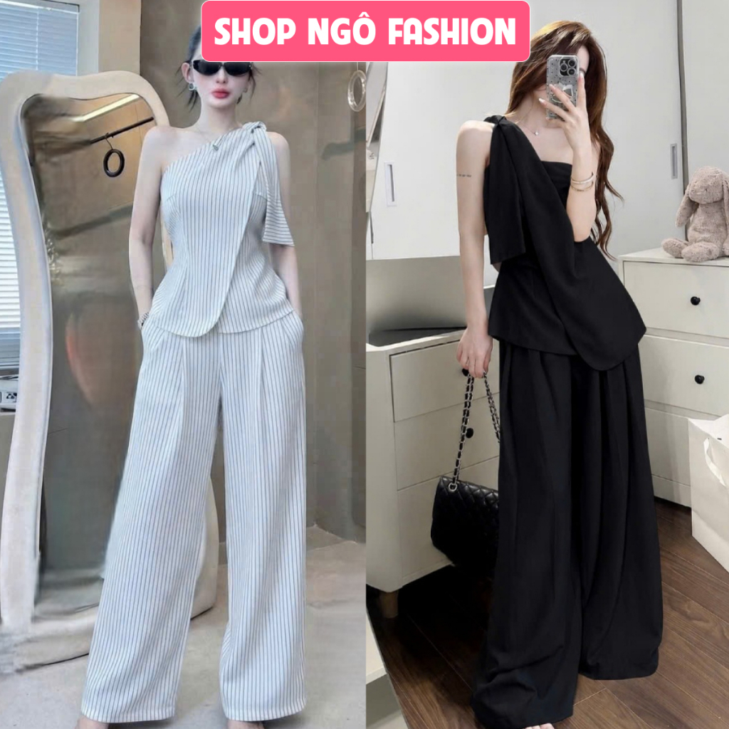 Set bô dài - Set bộ thiết kế thanh lịch, sang chảnh cho nàng, set áo lệch vai khăn rủ độc đáo phối quần suông xếp ly