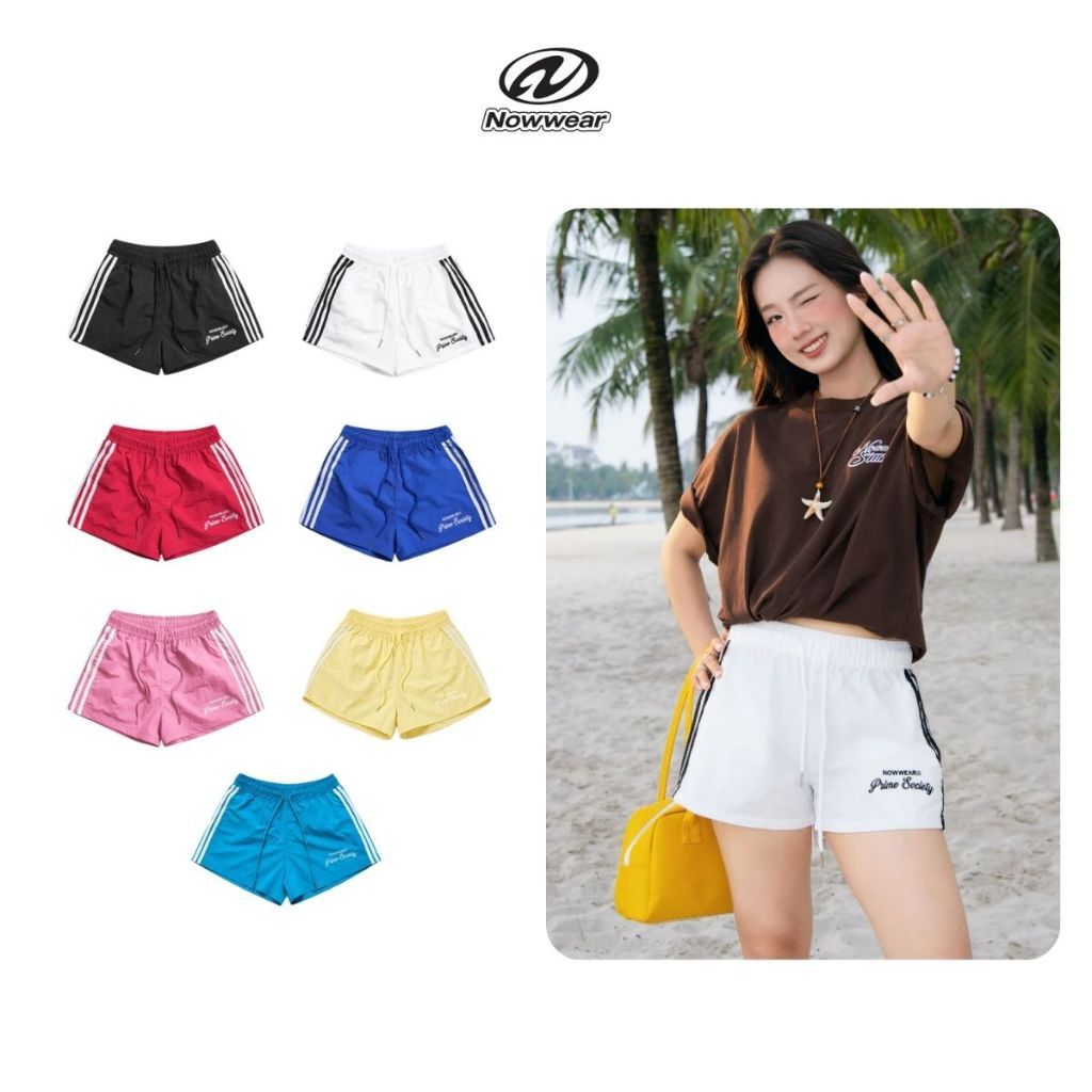 [BST Hè] Quần Đùi Nữ Vải dù 4 sọc Nowwear Ống Rộng Thoải Mái