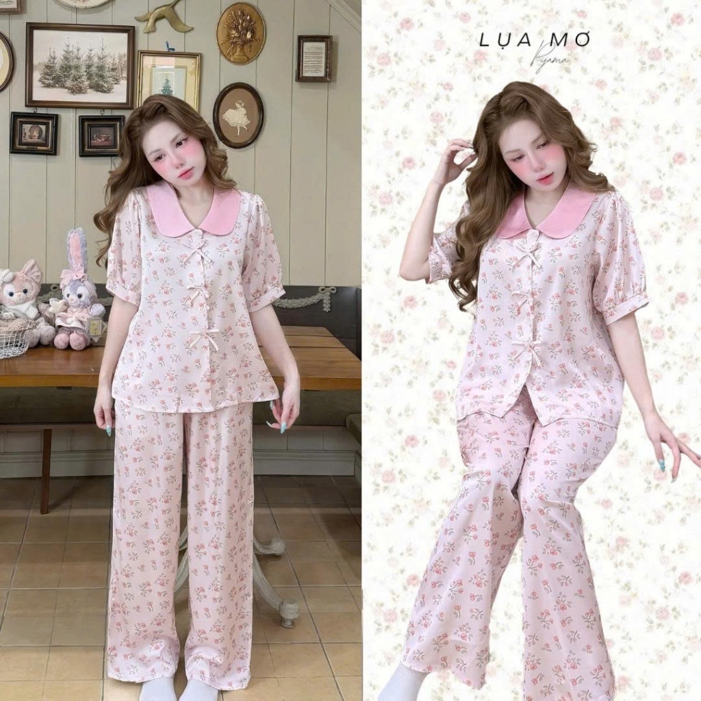 Pijama Tiểu Thư Tay Ngắn Cổ Bèo Phối Nơ Họa Tiết Vải Lụa Latin Cao Cấp - Đồ bộ Lụa Mơ LM319