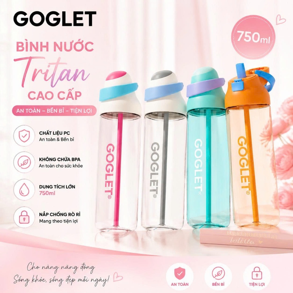 Bình Nước GOGLET Nhựa Thể Thao 4 Màu – Gọn Nhẹ, Tiện Mang Theo, Dùng Đi Học, Đi Làm, Tập Gym | BigBuy360 - bigbuy360.vn
