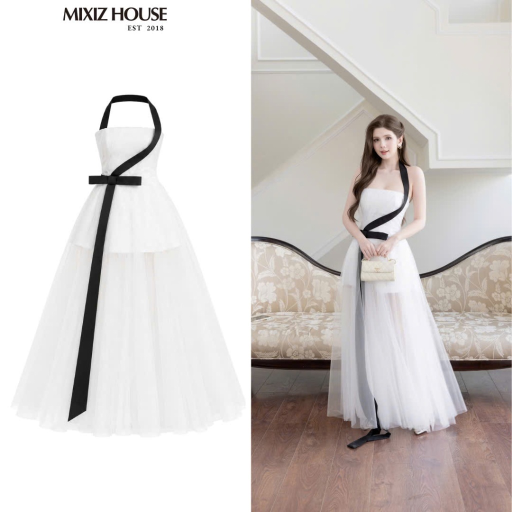 Đầm Maxi Lưới Dáng Xòe Trắng Phối Nơ Đen Mixiz House D51 - Đầm Nữ Sang Trọng, Đi Tiệc Tôn Dáng