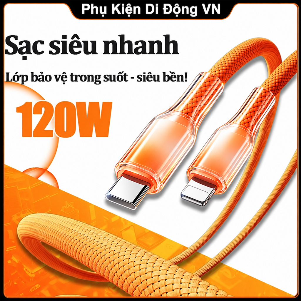 Cáp sạc nhanh 120W dây pha lê Type-C – Tương thích iPhone18 17 16 15 14 13 12 11 Pro Max Samsung Xiaomi OPPO VIVO Huawei