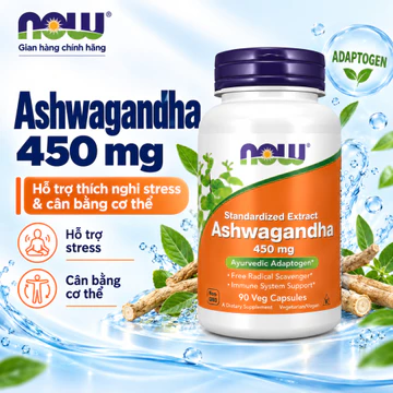 Viên uống Ashwagandha Now 450mg chiết xuất nhân sâm Ấn Độ giúp giảm stress, lo âu, tăng phục hồi