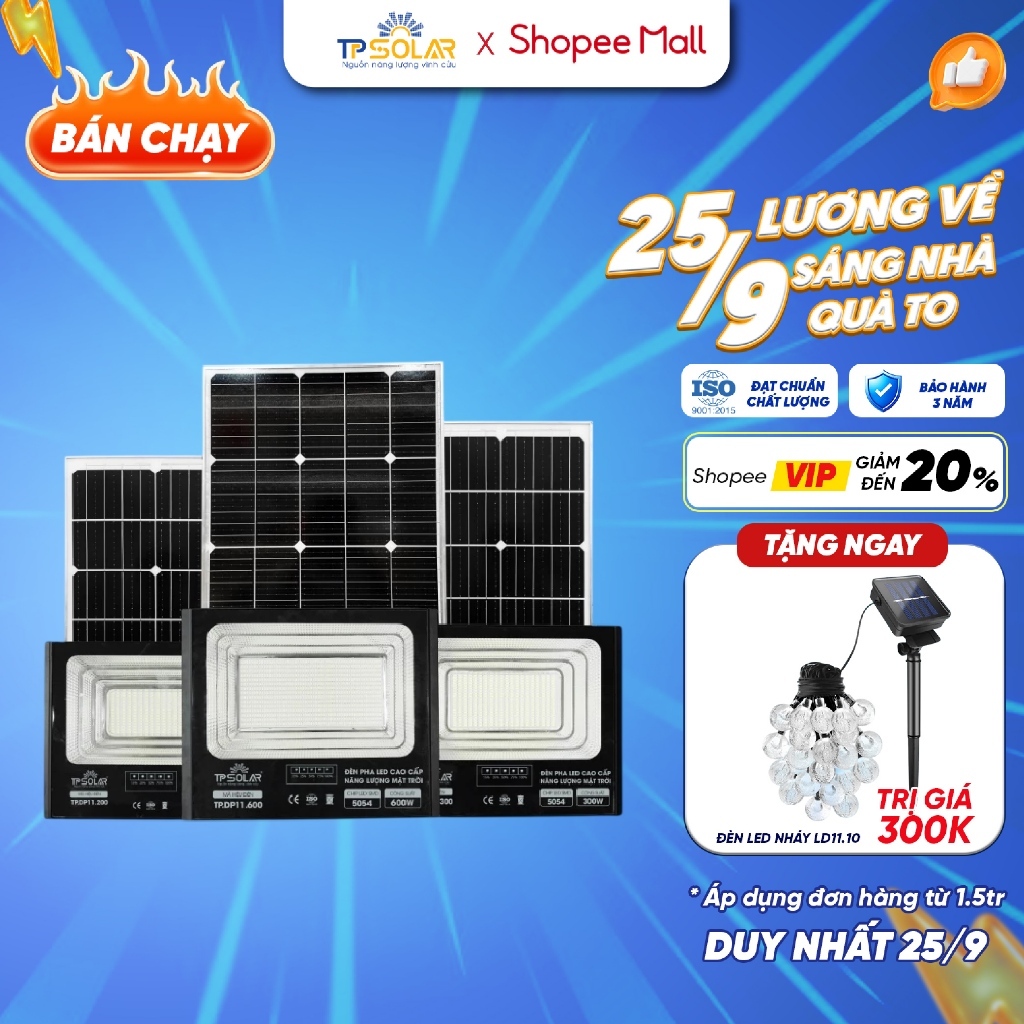 Đèn Pha Năng Lượng Mặt Trời TP SOLAR 200W, 300W, 600W Chiếu Sáng 100-300m2, Vỏ Hợp Kim Nhôm, Sáng Xuyên Đêm