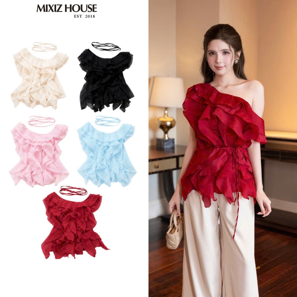 Áo Trễ Vai Tua Rua Chất Tơ Cao Cấp Mixiz House A02 - Áo Kiểu Nữ Hàn Quốc Trendy, Đi Tiệc, Dạo Phố